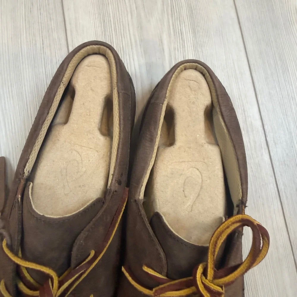 NEW OluKai Mano Mens Leather Boat Shoes Dark Wood Brown Loafers Size 14